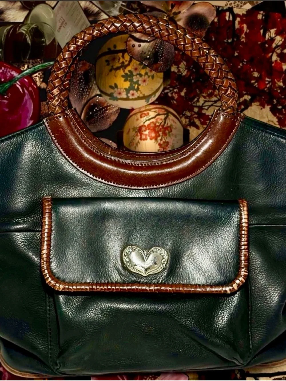 Fossil Dark Green Vintage Leather Tote with Brown Braided Handles